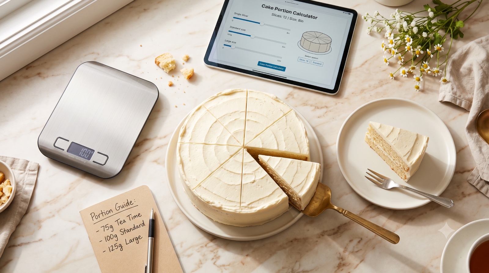 Visual cake portion sizing guide and scale showing standard cake weights per guest