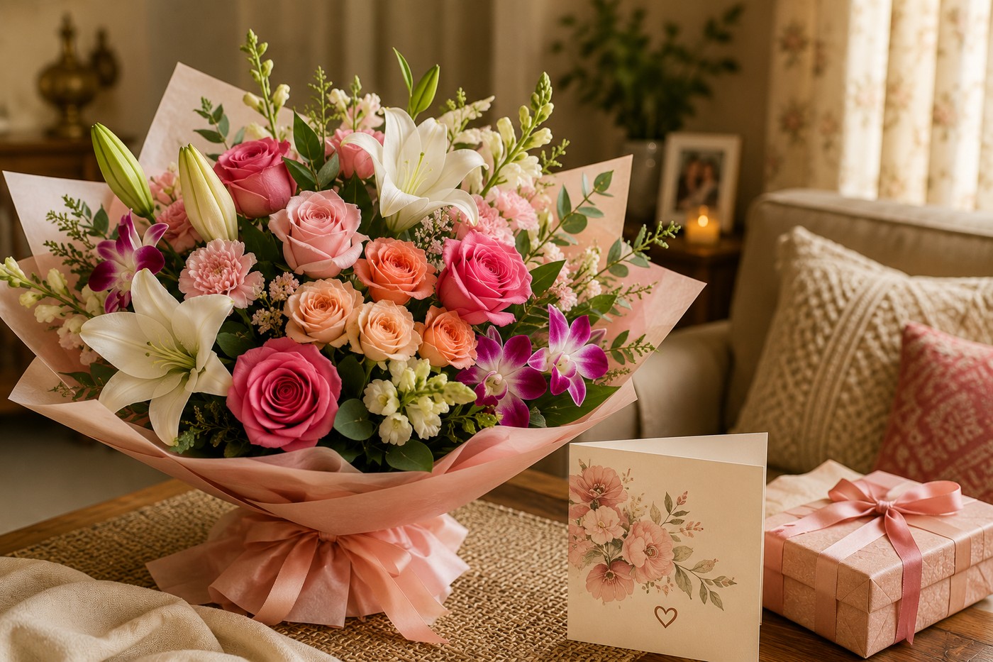 Mothers Day flower bouquet with roses lilies and orchids