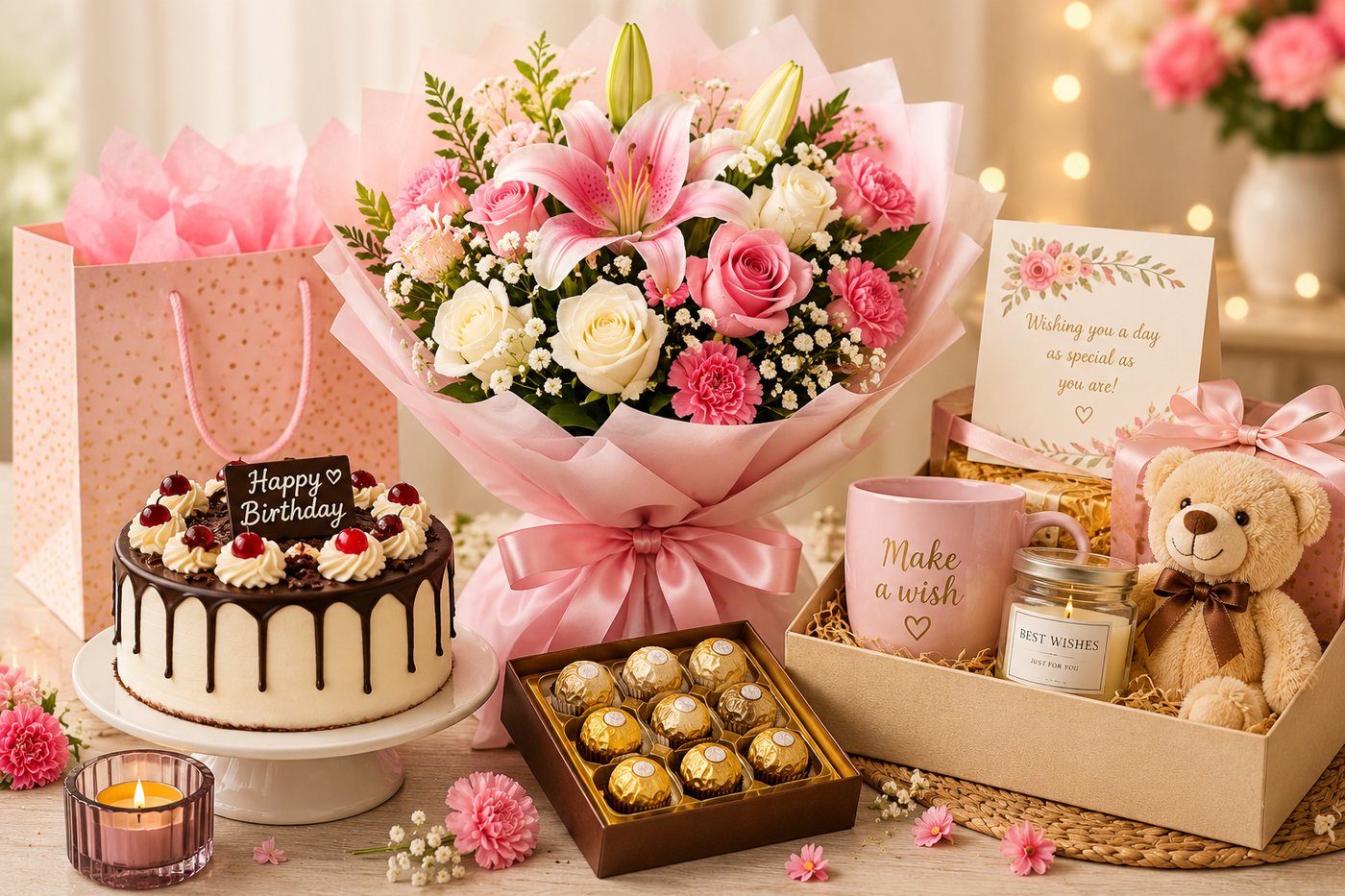 Safe birthday gift ideas with flowers cakes chocolates and gift combos