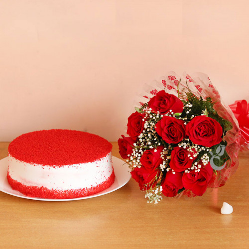 Red Crush: A Gift Combo of 10 Red Roses and 0.5 Kg Red Velvet Cake