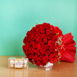 Red Expression: A Gift Combo of 50 Red Roses and 16 Pc Ferrero Rocher