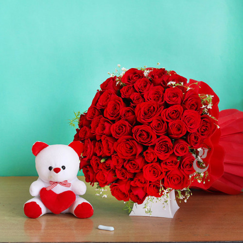 Tune of Love: A Gift Combo of 50 Red Roses and 6 Inch Teddy