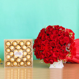 Red Chocolaty Love: A Gift Combo of 50 Red Roses and 24 Pc Ferrero Roche