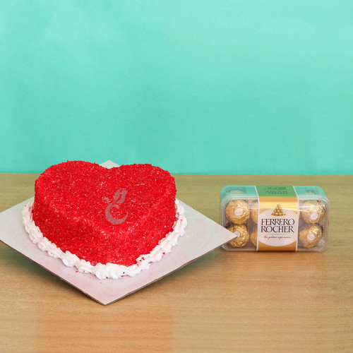 Red Heart: A Gift Combo of 0.5 Kg Red Velvet Cake and 16 Ferrero Rocher