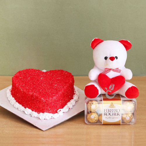Heart-Shaped Desire: A Gift Combo of 0.5 Kg Red Velvet Cake, 16 Ferrero Rocher, and 6 Inch Teddy