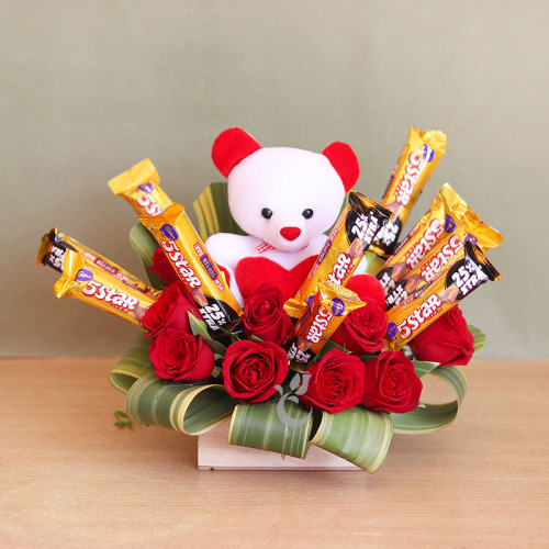 Belle Amour: A Gift Combo of Chocolate with Box Arrangement, 10 Red Roses, 10 Five Star, and 6 Inch Teddy