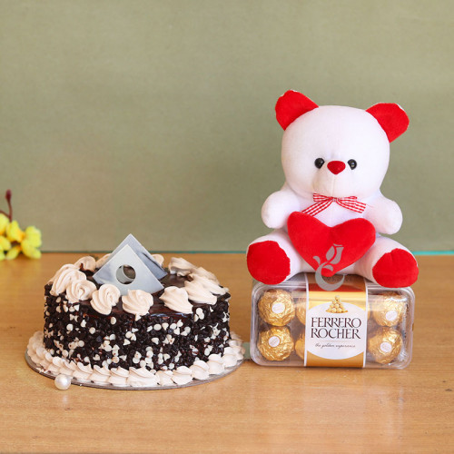 The Song of Love: A Gift Combo of 0.5 Kg Chocolate Cake, 16 Ferrero Rocher, and 6 Inch Teddy