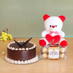 Smile Wide: A Gift Combo of 0.5 Kg Chocolate Cake, 6 Inch Teddy, and 16 Ferrero Rocher