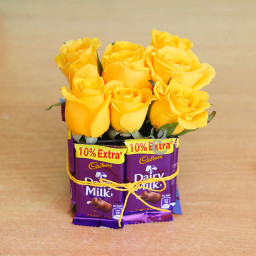 Bond of Friendship: A Gift Combo of 9 Yellow Roses, Square Glass Vase, and 8 Dairy Milk