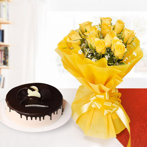 Cherishable Love: A Gift Combo of 10 yellow roses and 0.5 Kg chocolate truffle cake