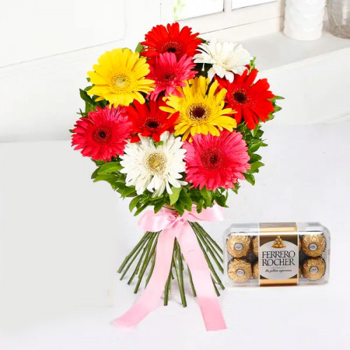 Gerberas Of Happiness: A Gift Combo of 12 Mix Gerberas and 16 Ferrero Rocher