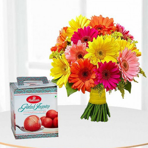 Wow Sweet Combo: A Gift Combo of 12 Mix Gerberas and 1 Kg Gulab Jamun