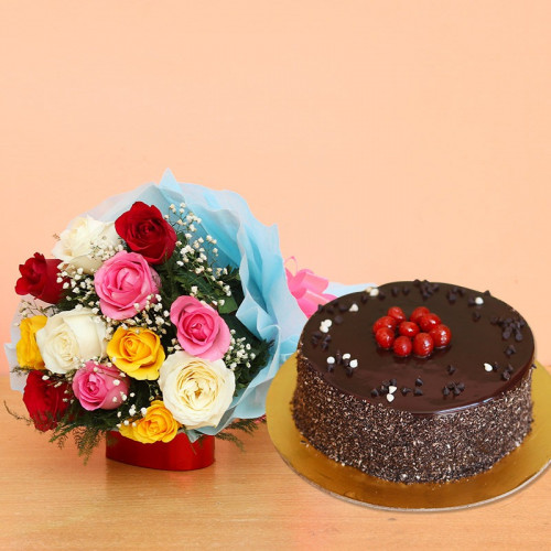 Taste Of Bliss: A Gift Combo of 10 mix roses and 0.5 Kg chocolate cake