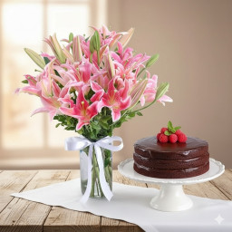 Perfect Day With Lilies: A Gift Combo of 6 Pink Lily in a Glass Vase and 0.5 Kg Chocolate Cake