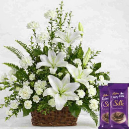 20 White Carnations+4 White Lilies +4 Dairy Milk silk