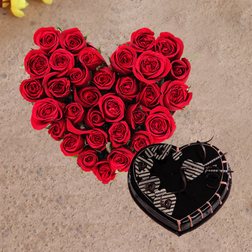 Heart Shaped Token: A Gift Combo of Heart Shape Arrangement of 30 Red Roses and 0.5 Kg Heart Shape Chocolate Truffle Cake