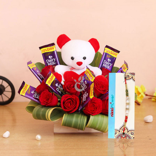 Flower-Teddy Rakhi Sensations - Red rose arrangement