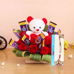 Flower-Teddy Rakhi Sensations - Red rose arrangement