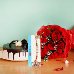 Cakelicius Rakhi & Floral Parcel: A Gift Combo of A Bouquet of 10 Red Roses, 0.5 Kg Chocolate Truffle Cake, One Rakhi, and Roli Chawal