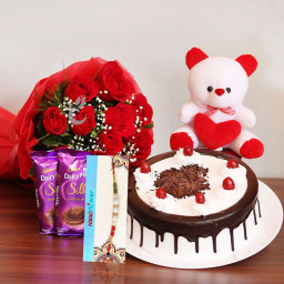 Rakhi Love Box: A Gift Combo of 10 Red Roses, 2 Cadbury’s Dairy Milk Silks, 0.5 Kg Black Forest Cake, 6 Inch Teddy Bear, One Rakhi, and Roli Chawal