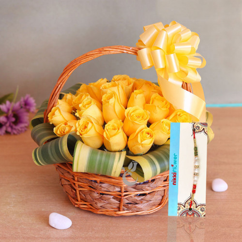 Yellow bowed Rakhi Basket - Yellow rose basket