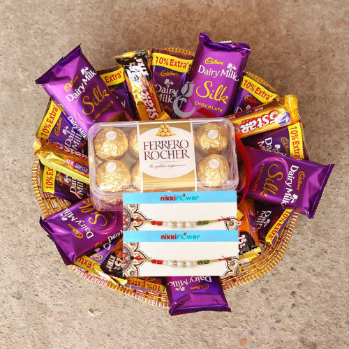 10 Dairy Milk, 10 Five Star, 5 Dairy Milk Silk,16Pic Ferrero Rocher, 2 Rakhi