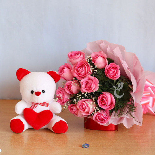 Expressive Love: A Gift Combo of 10 pink roses and 6 inch teddy