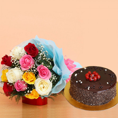 Mixed Roses and Truffle Cake Combo: A Gift Combo of 10 Mix Roses and 0.5 Kg Chocolate Cake