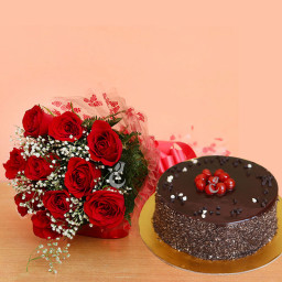 Red Roses and Truffle Cake Combo: A Gift Combo of 10 Red Roses and 0.5 Kg Chocolate Cake