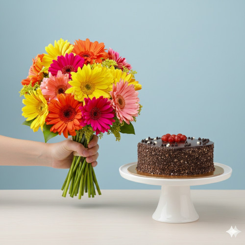 Gebras and Truffle Cake Combo: A Gift Combo of 12 Mix Gerberas and 0.5 Kg Chocolate Truffle Cake