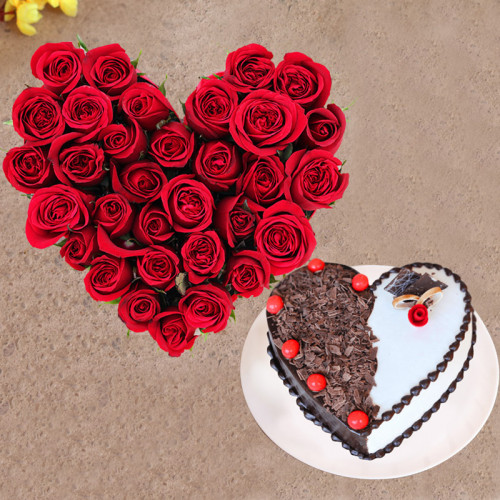 Heart Shaped Roses and Cake Combo: A Gift Combo of 30 Heart Shape Arrangement and 0.5 Kg Chocolate Cake