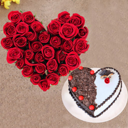 Heart Shaped Roses and Cake Combo: A Gift Combo of 30 Heart Shape Arrangement and 0.5 Kg Chocolate Cake