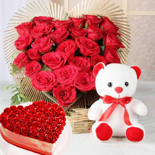 Heart Relation: A Gift Combo of 30 Red Roses Arrangement, Heart Shape Cake, and 6 Inch Teddy