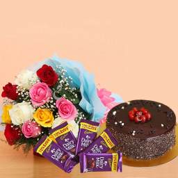 Roses Chocolates: A Gift Combo of 10 Mix Roses, 0.5 Kg Chocolate Cake, and 5 Dairy Milk Chocolates