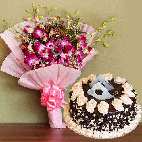 Orchids with cake Combo: A Gift Combo of 6 Orchids and 0.5 Kg Chocolate Cake