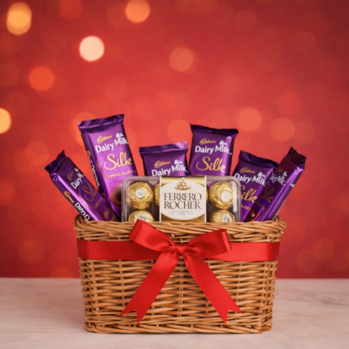 Chocolicious Delight: A Gift Combo of 16 pcs Ferrero Rocher and 5 Dairy Milk Silk in basket