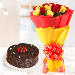 Cake and Roses: A Gift Combo of 10 Yellow and 10 Red Roses and 0.5 Kg Chocolate Cake