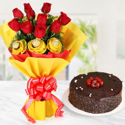 Rocher with Love: A Gift Combo of 10 Red Roses, 3 Ferrero Rocher, and 0.5 Kg Chocolate Cake