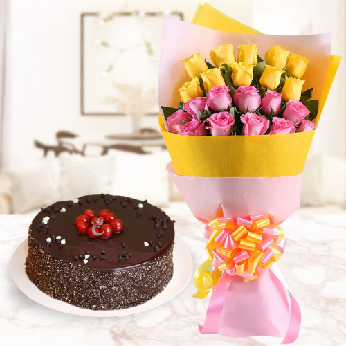 Rosy Chocolaty Combo: A Gift Combo of 10 Yellow and 10 Pink Roses and 0.5 Kg Chocolate Cake