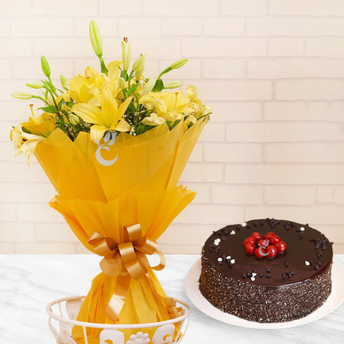 Cozy Caboodle: A Gift Combo of 6 Asiatic Yellow Lilies and 0.5 Kg Chocolate Cake