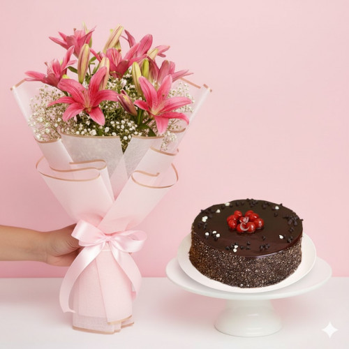 Bundle Loaded With Love: A Gift Combo of 5 Pink Lilies and 0.5 Kg Chocolate Cake