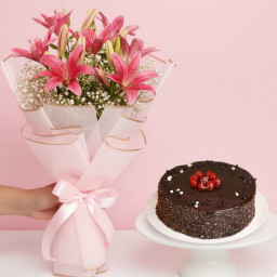 Bundle Loaded With Love: A Gift Combo of 5 Pink Lilies and 0.5 Kg Chocolate Cake