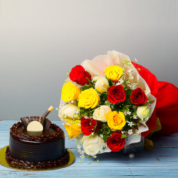 12 mix roses + half kg chocolates cake