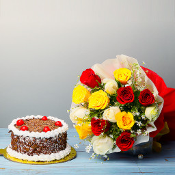 Furnished With Love: A Gift Combo of 10 Mix Roses and 0.5 Kg Chocolate Cake
