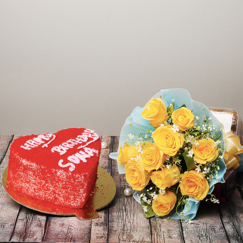 Soft Spot: A Gift Combo of 10 Yellow Roses and 0.5 Kg Heart Shape Red Velvet Cake