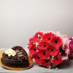 Promise To Love: A Gift Combo of 12 Red Gerberas and 0.5 Kg Heart Shape Chocolate Cake