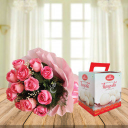 Ek Mitthi Si Yaad: A Gift Combo of 10 Pink Roses and 1 Kg Rasgulla