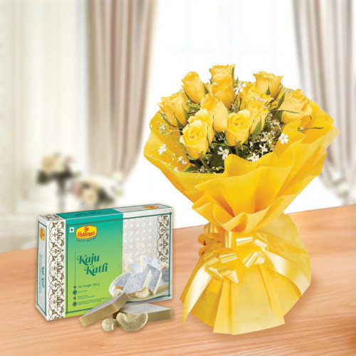 Kinship Special: A Gift Combo of 12 Yellow Roses and 0.25 Kg Kaju Katli