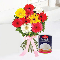 Delight Collection: A Gift Combo of 12 Mix Gerbera with Pink Ribbon and 1 Kg Rasgulla