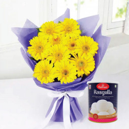 Mood Brightener: A Gift Combo of 12 Yellow Gerberas and 1 Kg Rasgulla.